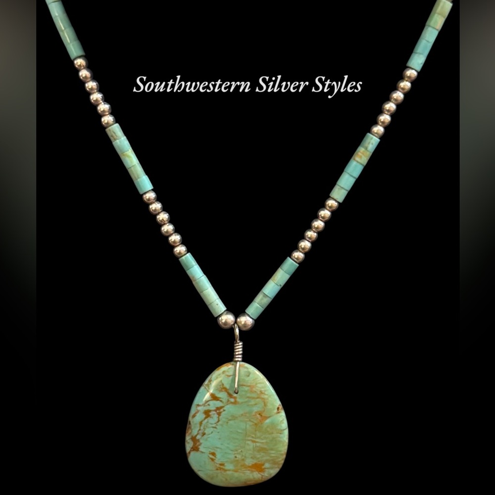 Vintage Style Sterling Silver Navajo Pearls Green Turquoise Pendant Necklace